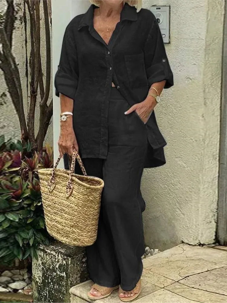 Women's Long Sleeve Shirt with Pockets Casual Fall Wide Pants