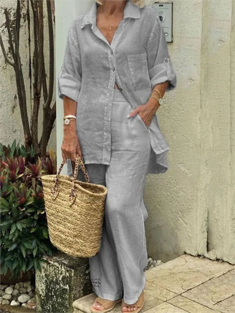 Women's Long Sleeve Shirt with Pockets Casual Fall Wide Pants