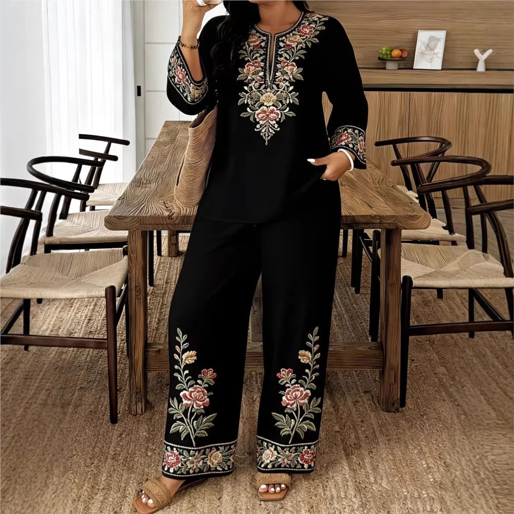 Complete Women's Retro Print Long Sleeve V-Neck Casual Ethno Jumpsuit 2 Pieces