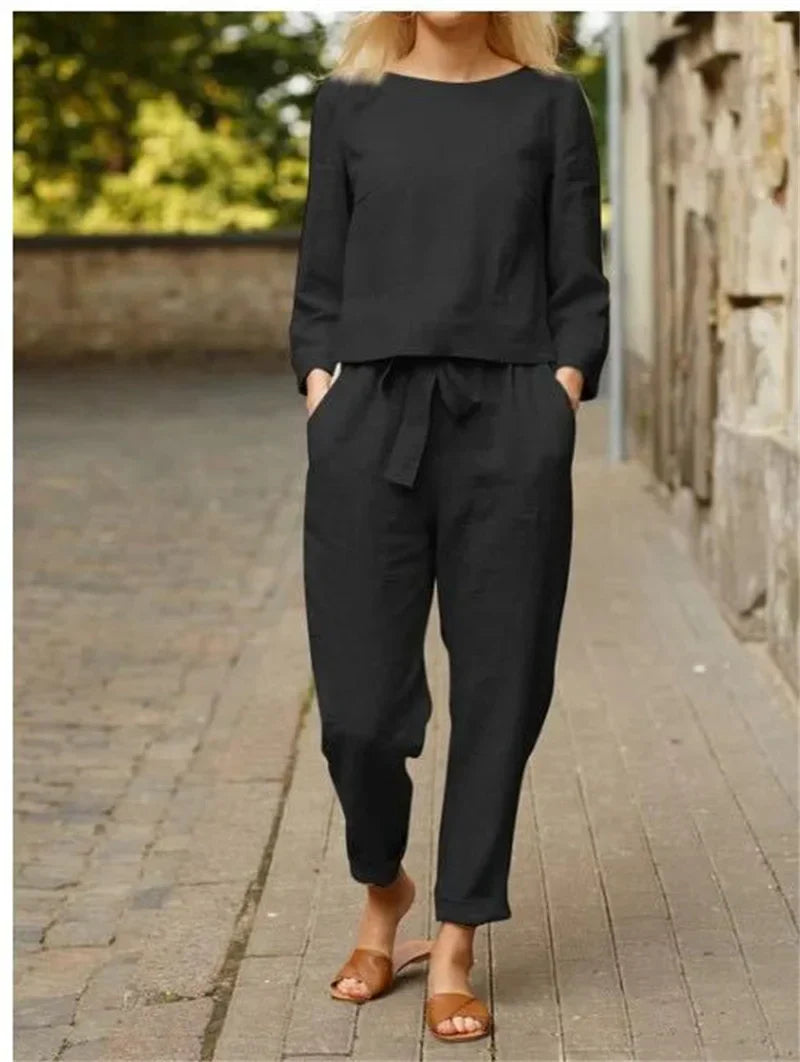 Complete Women's Cotton Linen Long Sleeve Wide Leg Elegant Pants