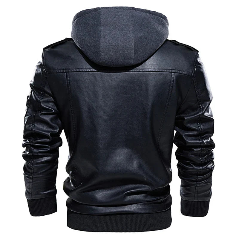 Men's Vintage Warm Leather Jacket with Hood Sleeveless Bomber Long Sleeve