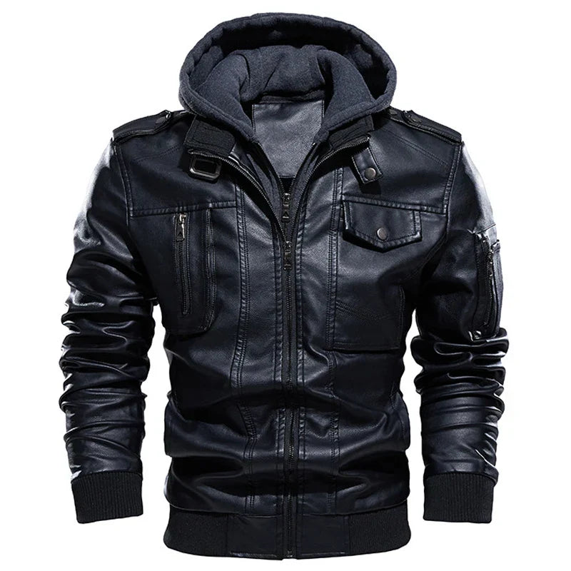 Men's Vintage Warm Leather Jacket with Hood Sleeveless Bomber Long Sleeve