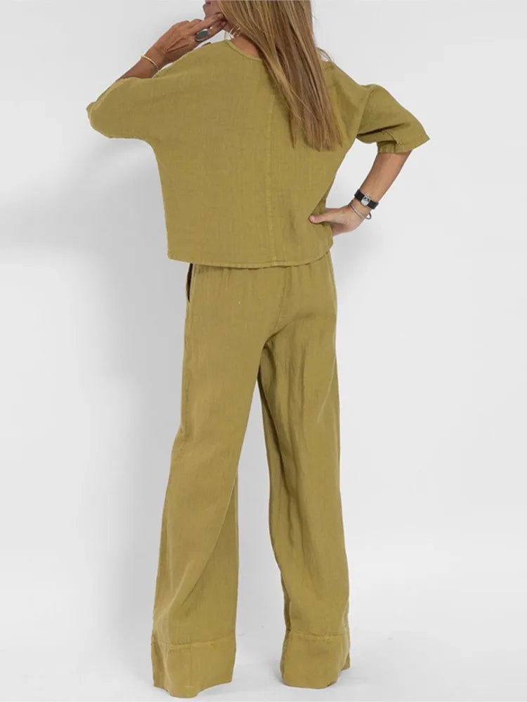 Two-Piece Women's Cotton Linen Sleeveless Top Short Sleeve Wide Leg Casual Pants