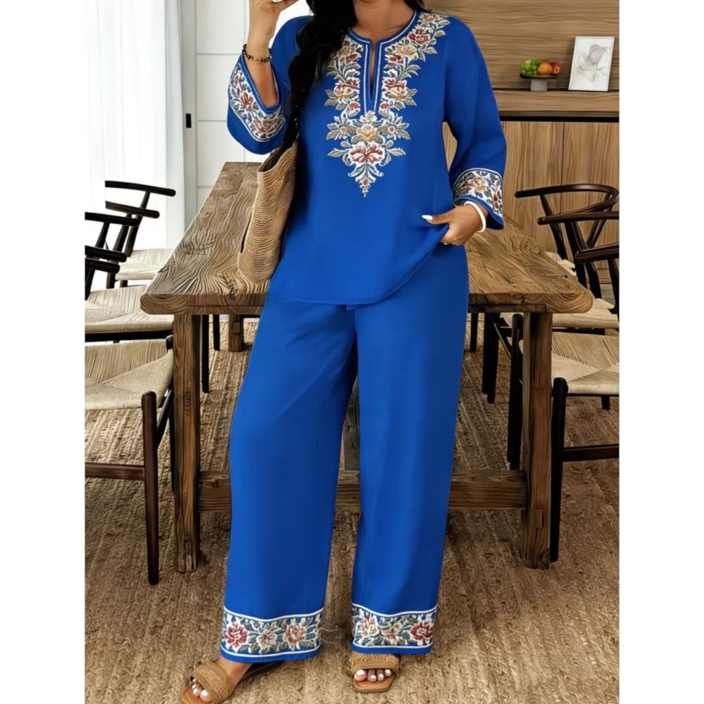 Complete Women's Retro Print Long Sleeve V-Neck Casual Ethno Jumpsuit 2 Pieces