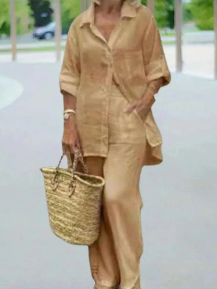 Women's Long Sleeve Shirt with Pockets Casual Fall Wide Pants