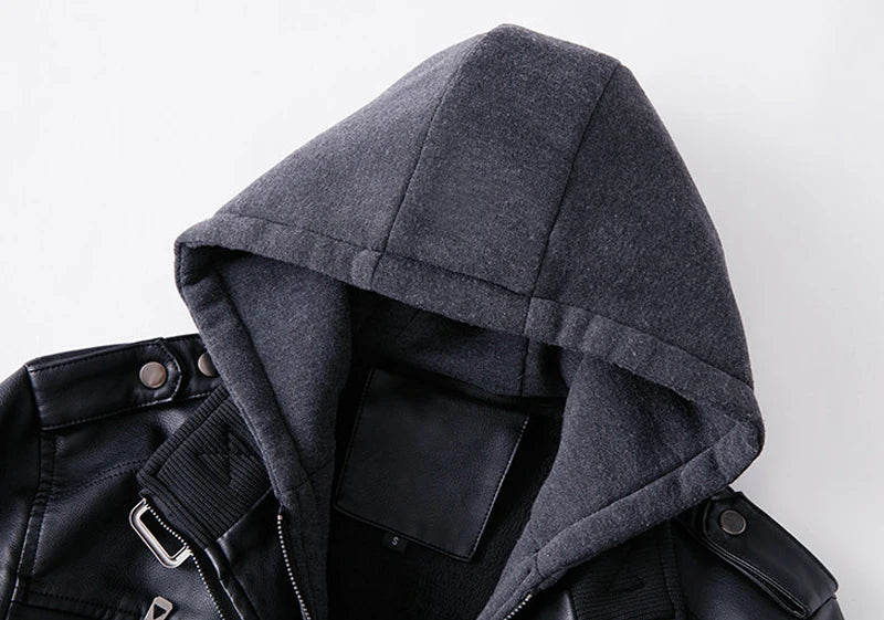 Men's Vintage Warm Leather Jacket with Hood Sleeveless Bomber Long Sleeve