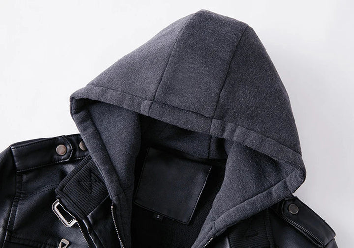 Giacca in pelle vintage da uomo calda con cappuccio, bomber senza maniche e maniche lunghe  