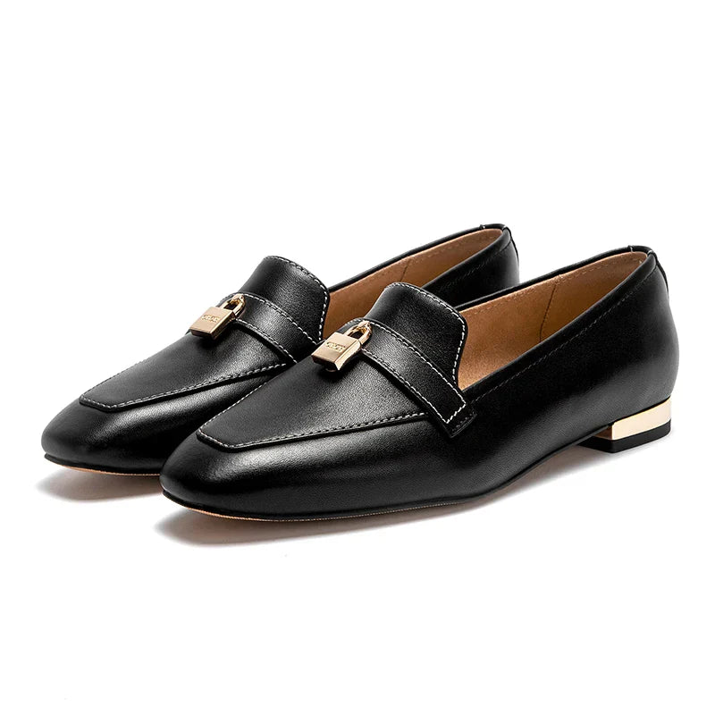 Women's Leather Ballet Flats with Gold Closure Detail, Round Toe, Low Heel, Casual Office