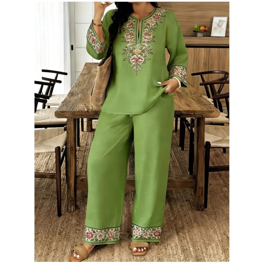 Complete Women's Retro Print Long Sleeve V-Neck Casual Ethno Jumpsuit 2 Pieces