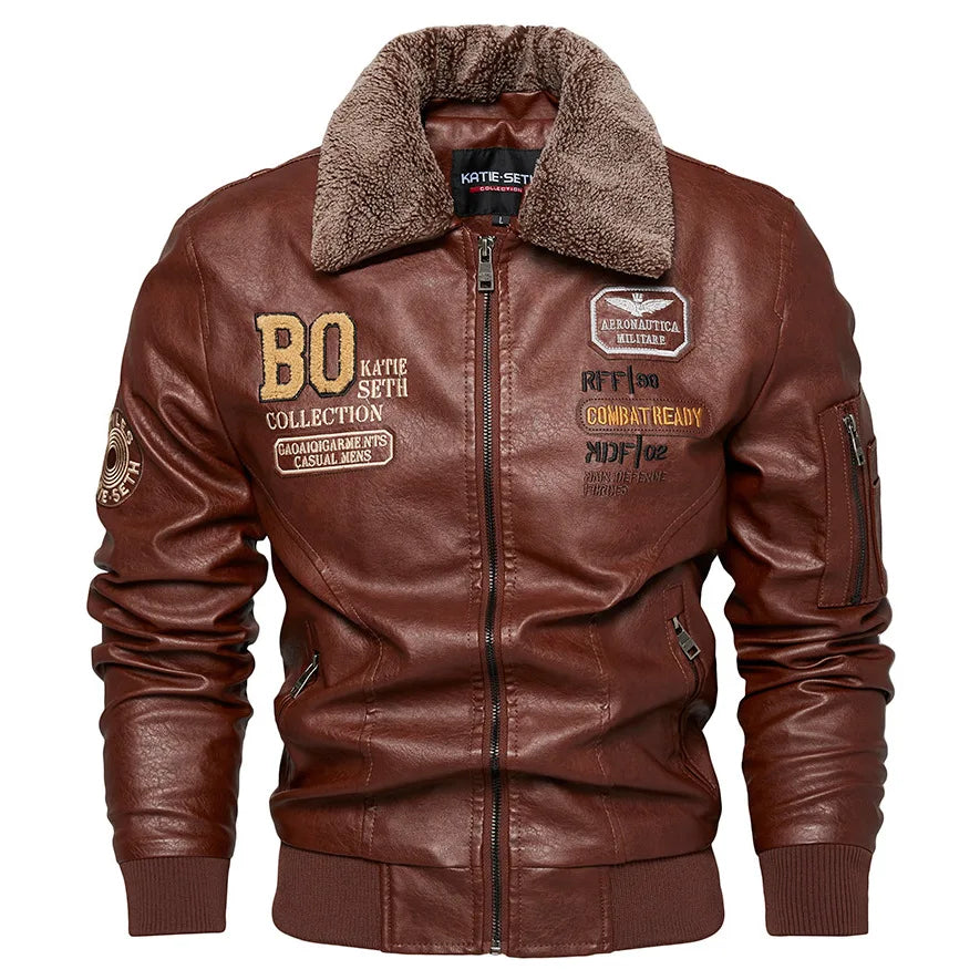 Men's Slim Fit Leather Bomber Jacket with Fur Collar Warm Jacket