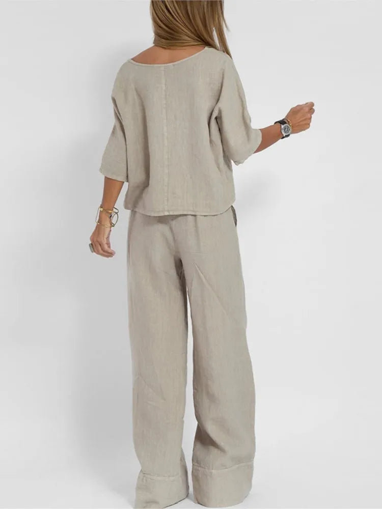 Two-Piece Women's Cotton Linen Sleeveless Top Short Sleeve Wide Leg Casual Pants