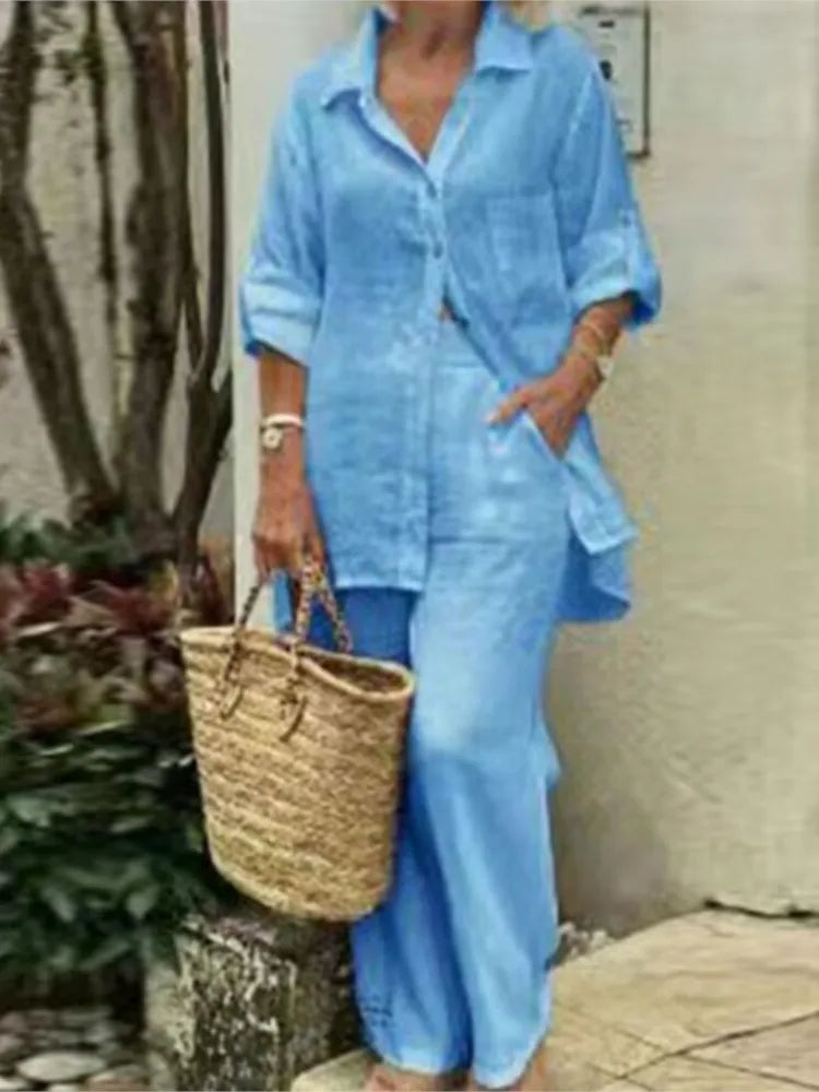 Women's Long Sleeve Shirt with Pockets Casual Fall Wide Pants