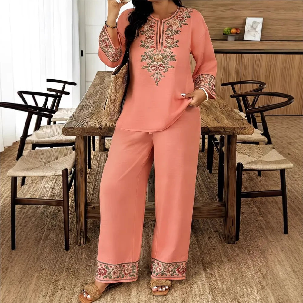 Complete Women's Retro Print Long Sleeve V-Neck Casual Ethno Jumpsuit 2 Pieces