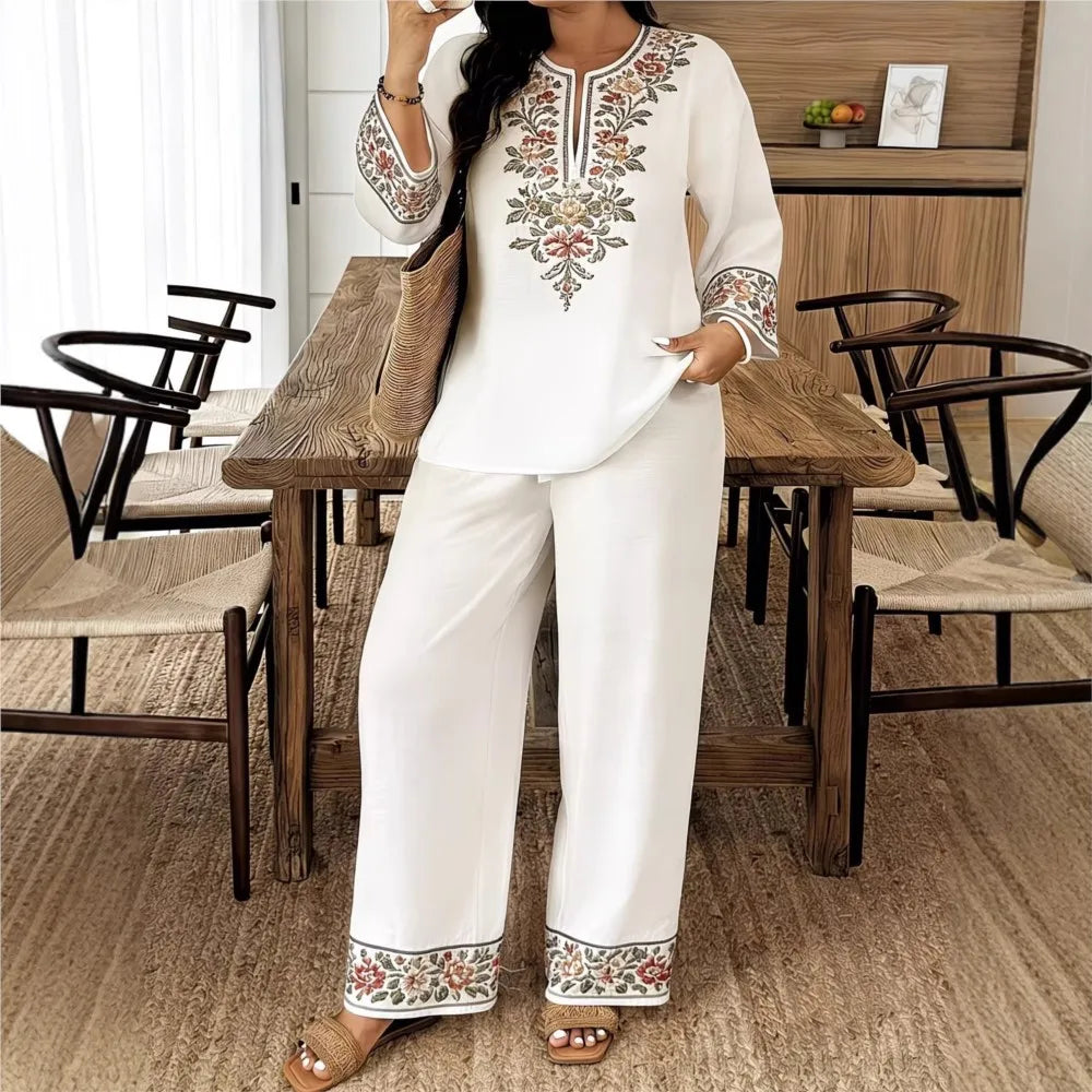 Complete Women's Retro Print Long Sleeve V-Neck Casual Ethno Jumpsuit 2 Pieces