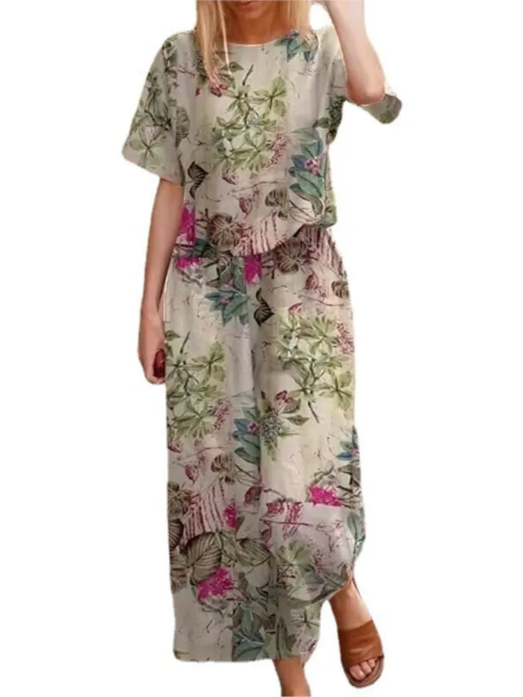 Complete Women's Vintage Printed Short Sleeve High Waist Wide Leg Pants