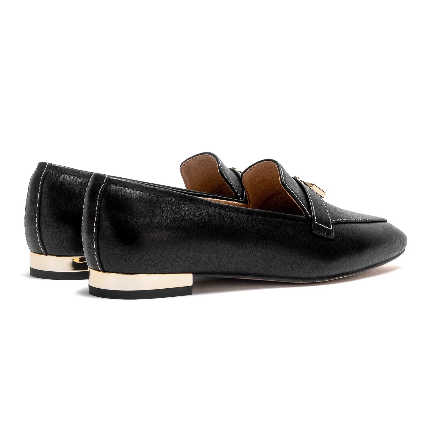 Women's Leather Ballet Flats with Gold Closure Detail, Round Toe, Low Heel, Casual Office