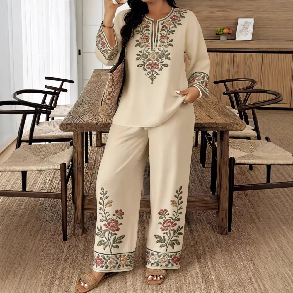 Complete Women's Retro Print Long Sleeve V-Neck Casual Ethno Jumpsuit 2 Pieces
