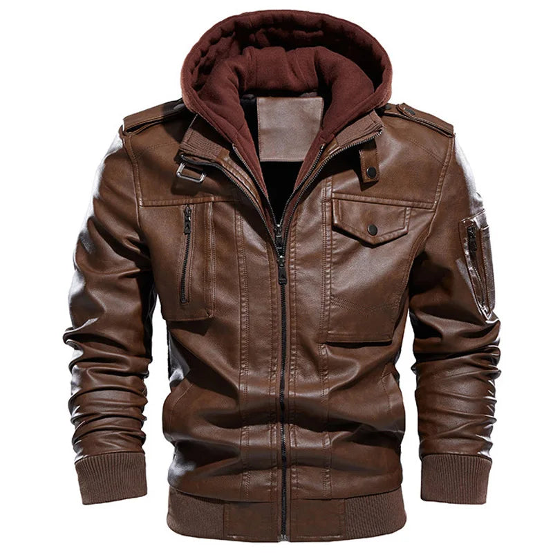 Men's Vintage Warm Leather Jacket with Hood Sleeveless Bomber Long Sleeve