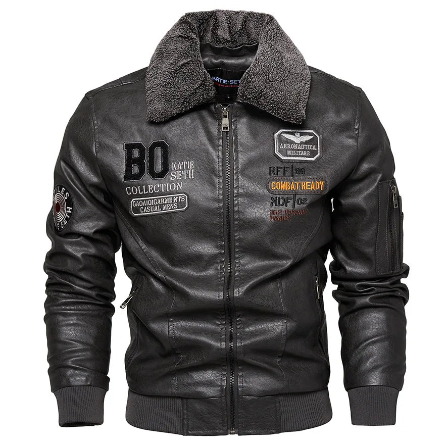 Men's Slim Fit Leather Bomber Jacket with Fur Collar Warm Jacket