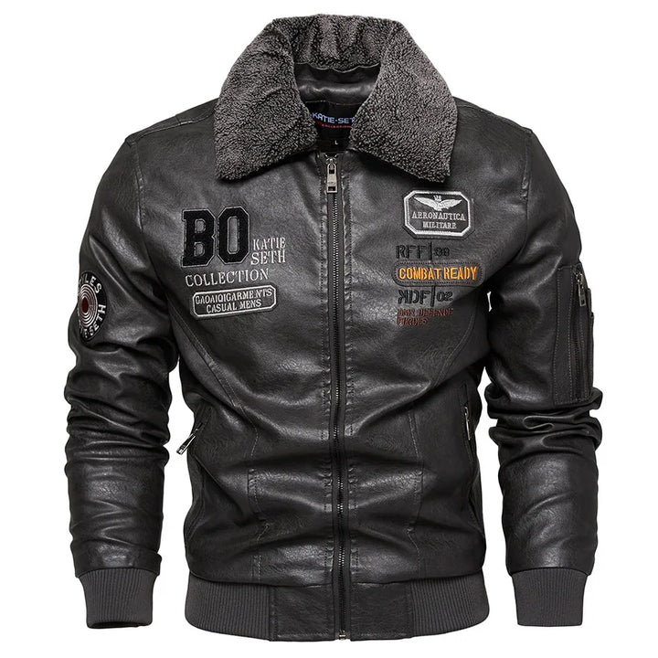 Giacca bomber in pelle da uomo slim fit con collo in pelliccia, giacca calda  