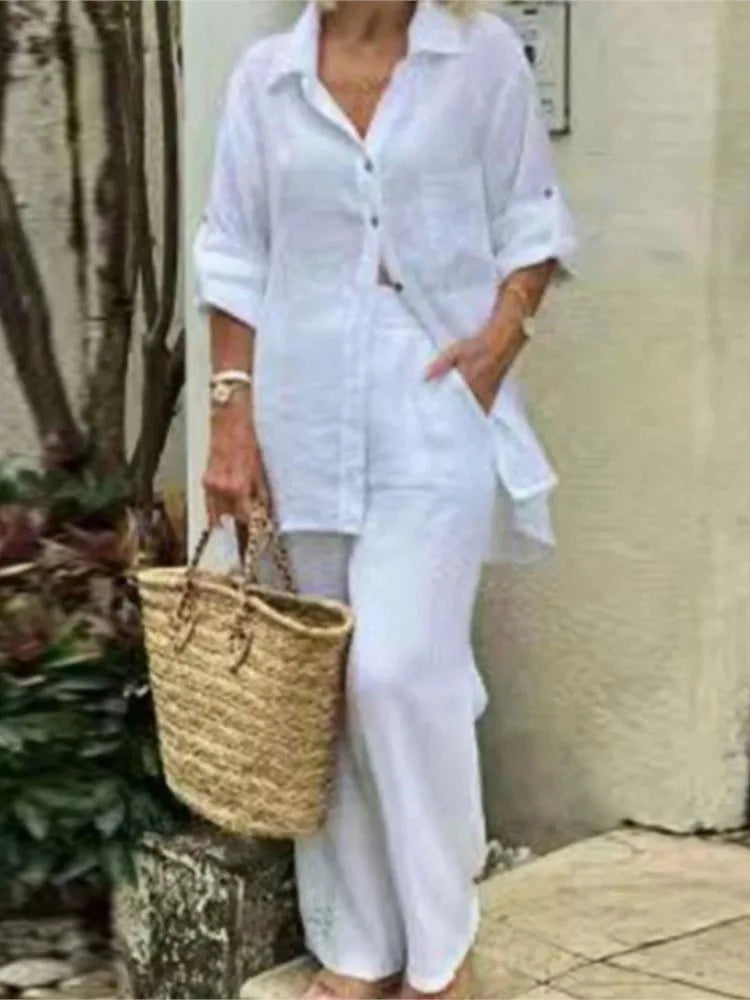 Women's Long Sleeve Shirt with Pockets Casual Fall Wide Pants