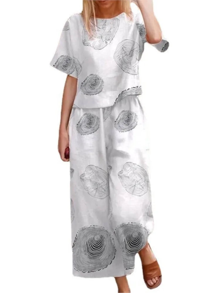 Complete Women's Vintage Printed Short Sleeve High Waist Wide Leg Pants