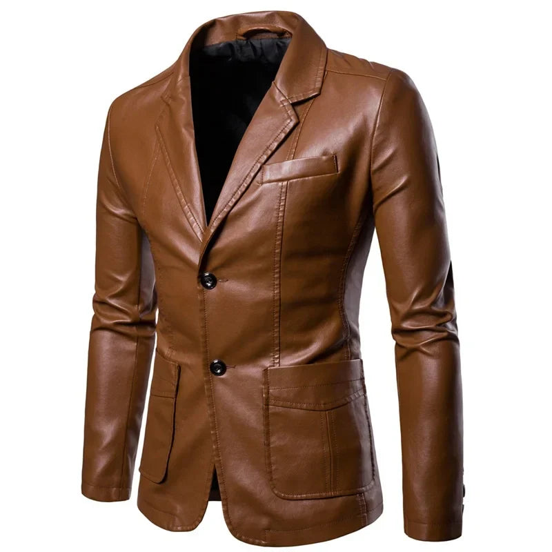Men's Vintage Leather Slim Fit Jacket with Zip and Pockets