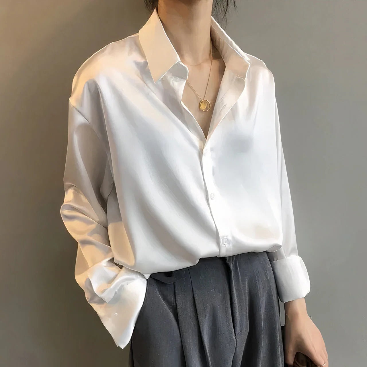 Women's Satin Button-Down Blouse Long Sleeve Collar Shirt