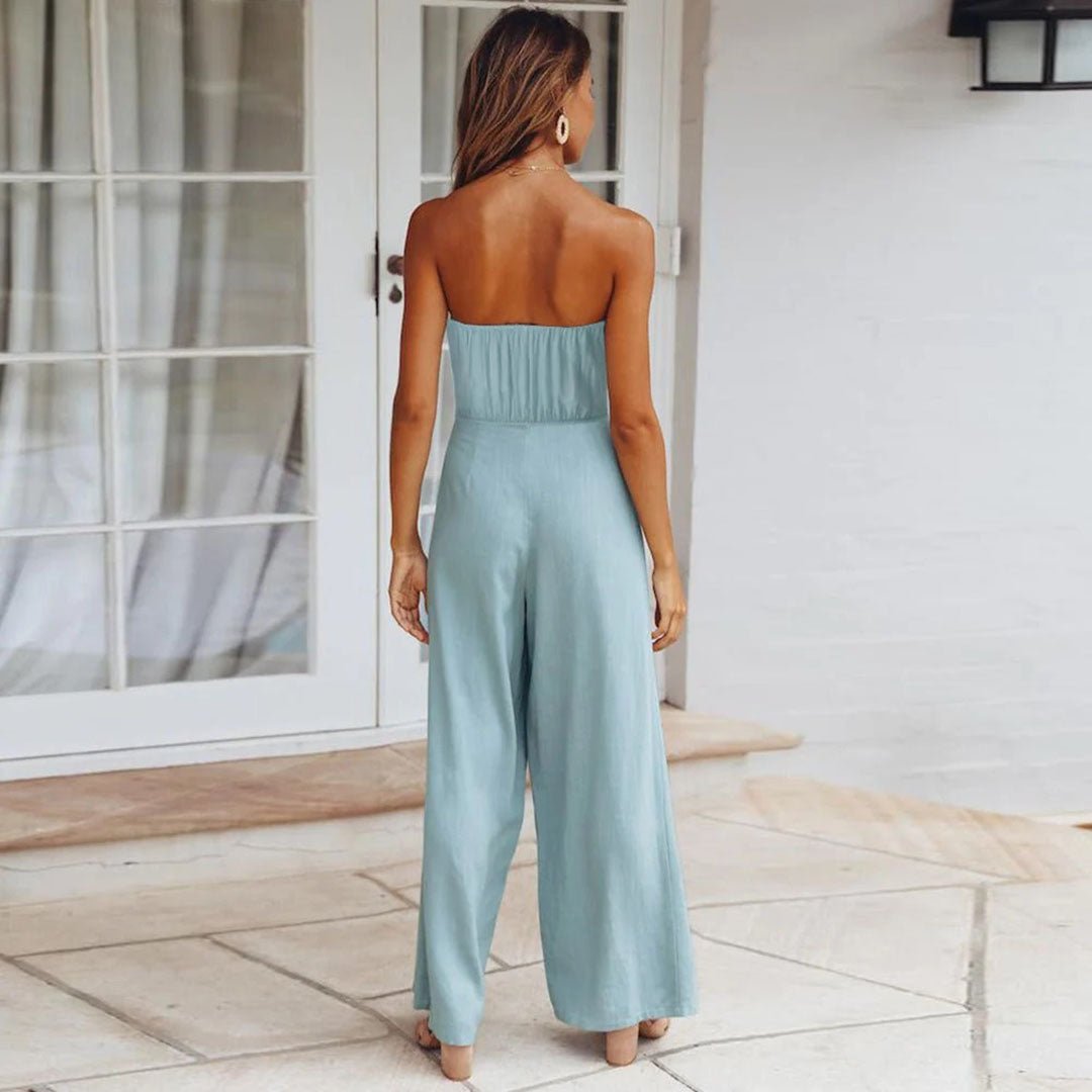 Women's Strapless Tie Waist Wide Leg Jumpsuit
