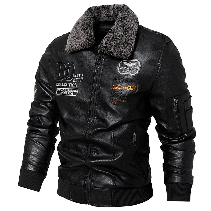 Men's Slim Fit Leather Bomber Jacket with Fur Collar Warm Jacket