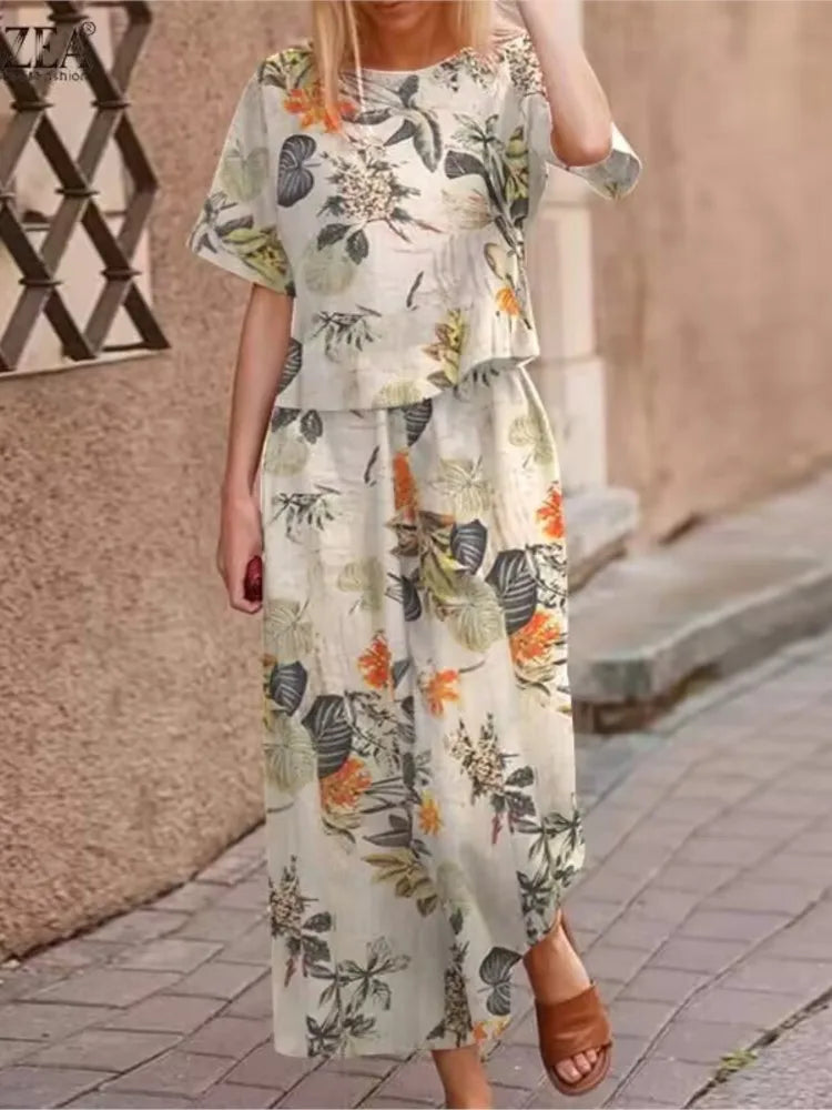 Complete Women's Vintage Printed Short Sleeve High Waist Wide Leg Pants