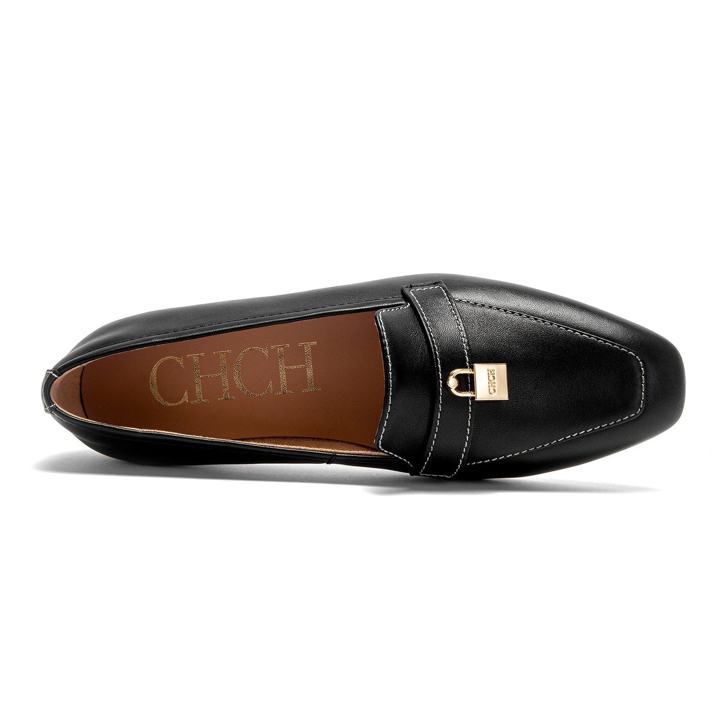 Women's Leather Ballet Flats with Gold Closure Detail, Round Toe, Low Heel, Casual Office