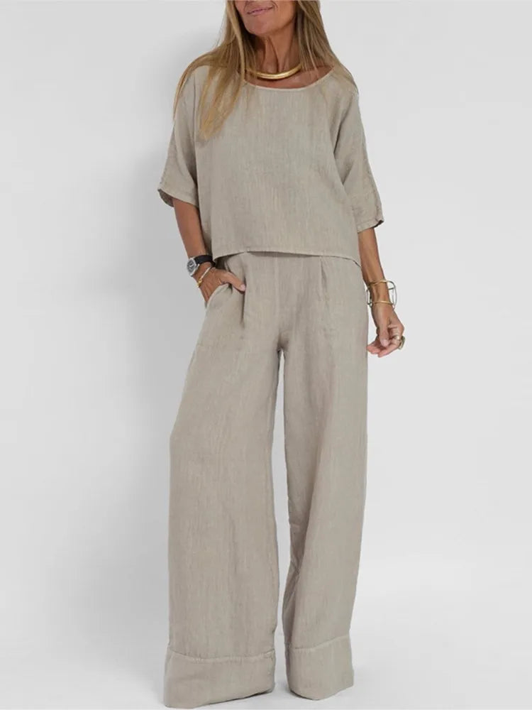 Two-Piece Women's Cotton Linen Sleeveless Top Short Sleeve Wide Leg Casual Pants