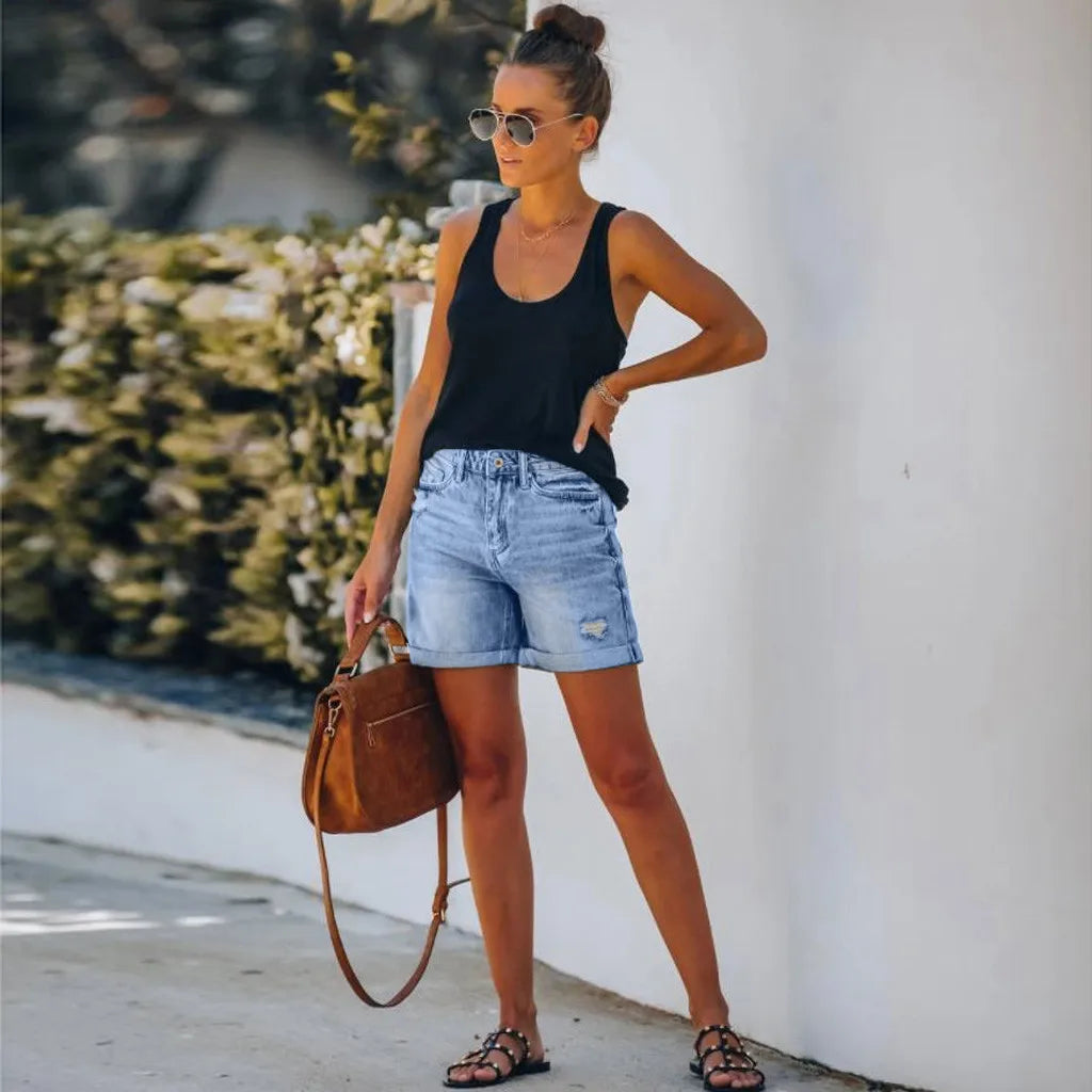 Scout | Women's High Waist Denim Shorts Distressed Rolled Hem 0