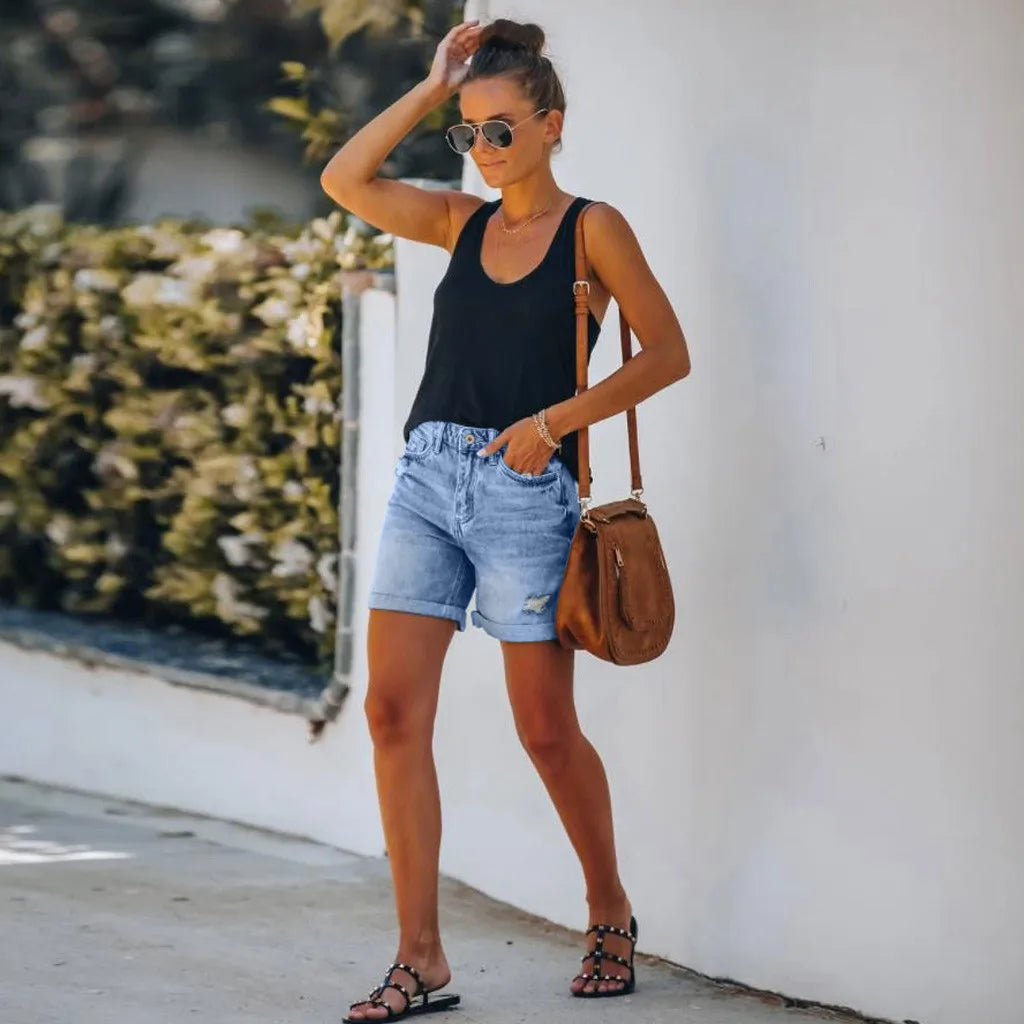 Scout | Women's High Waist Denim Shorts Distressed Rolled Hem 1