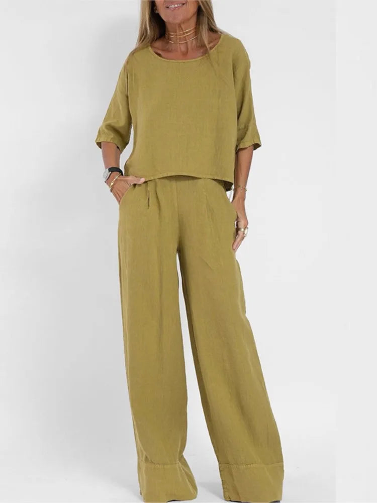Two-Piece Women's Cotton Linen Sleeveless Top Short Sleeve Wide Leg Casual Pants