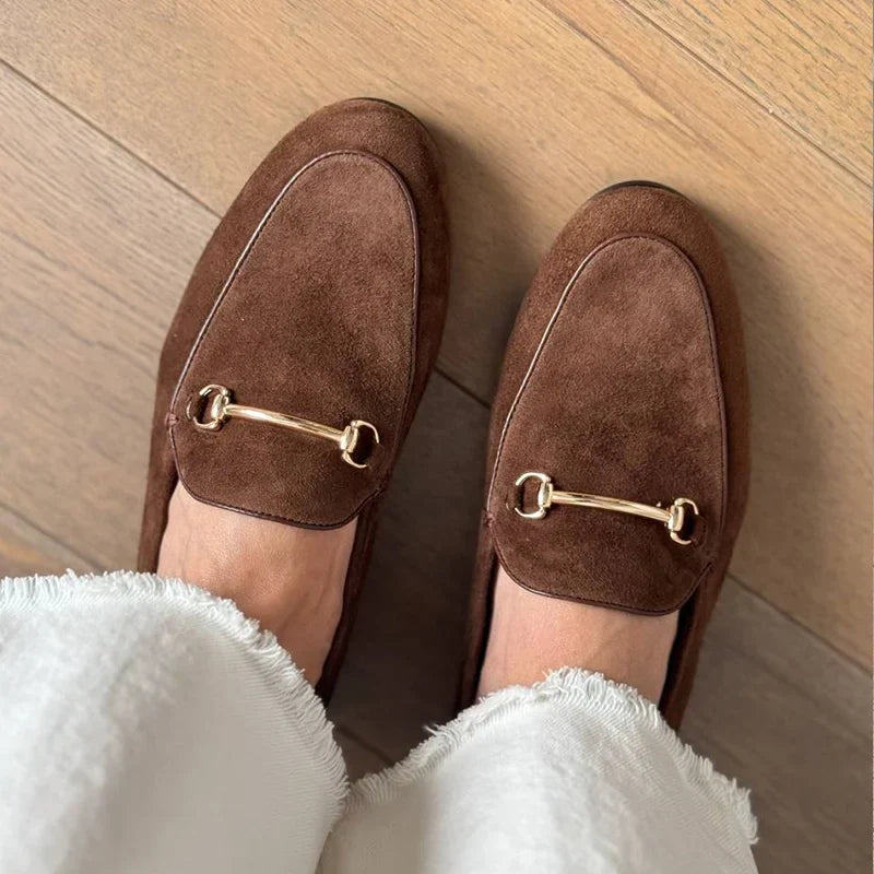 Women's Suede Moccasins Round Toe Metallic Decoration Casual Flat Handmade