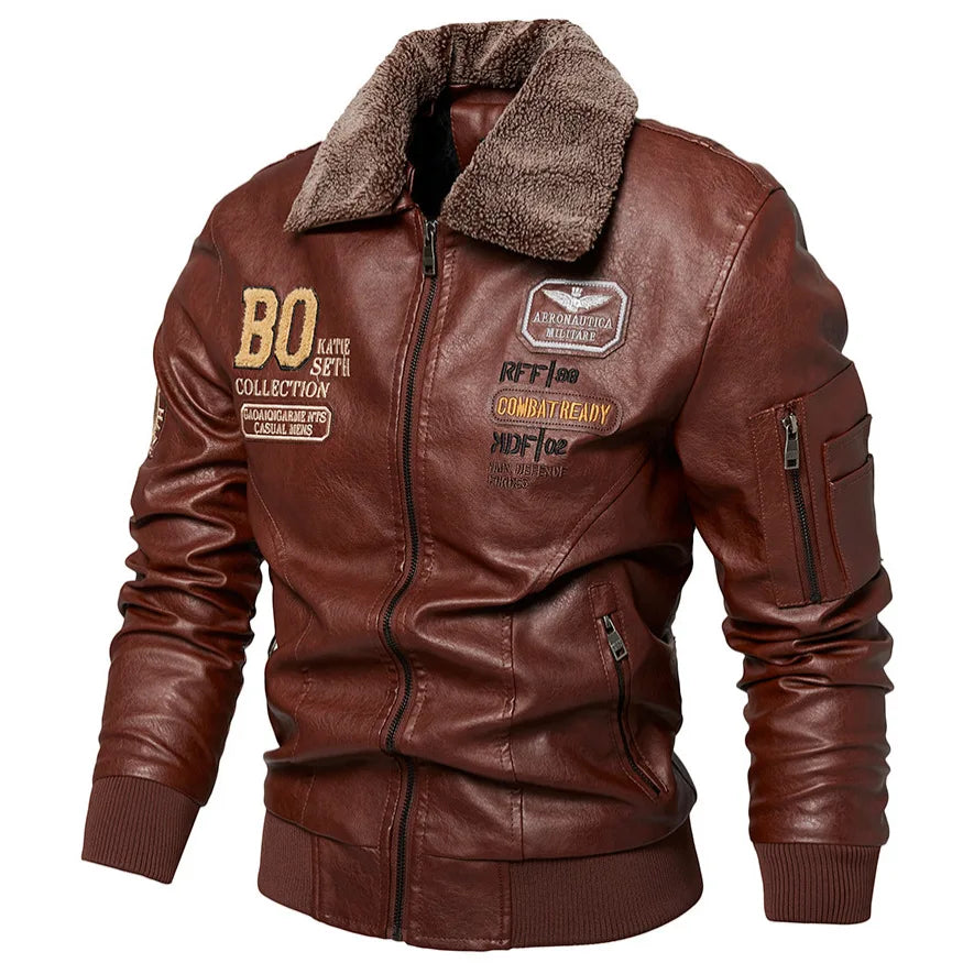 Men's Slim Fit Leather Bomber Jacket with Fur Collar Warm Jacket