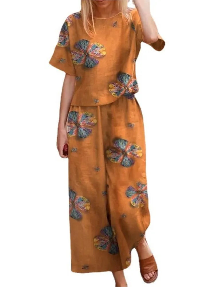 Complete Women's Vintage Printed Short Sleeve High Waist Wide Leg Pants