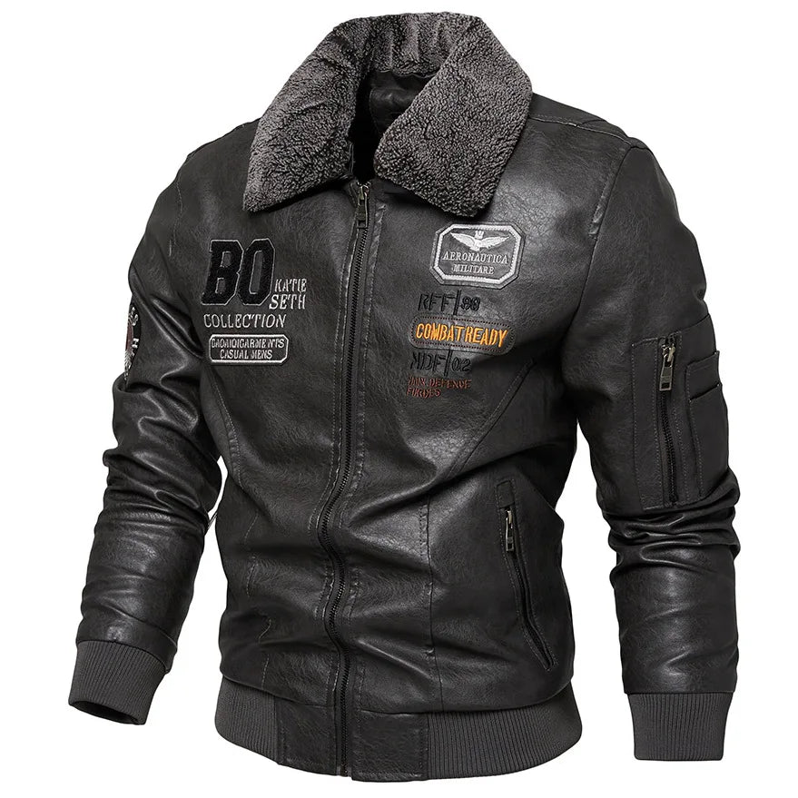 Men's Slim Fit Leather Bomber Jacket with Fur Collar Warm Jacket