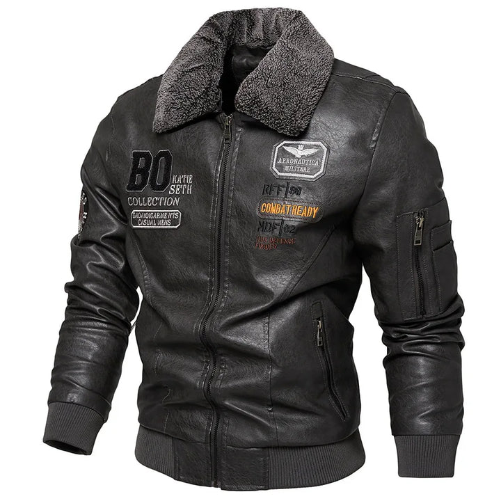 Giacca bomber in pelle da uomo slim fit con collo in pelliccia, giacca calda  