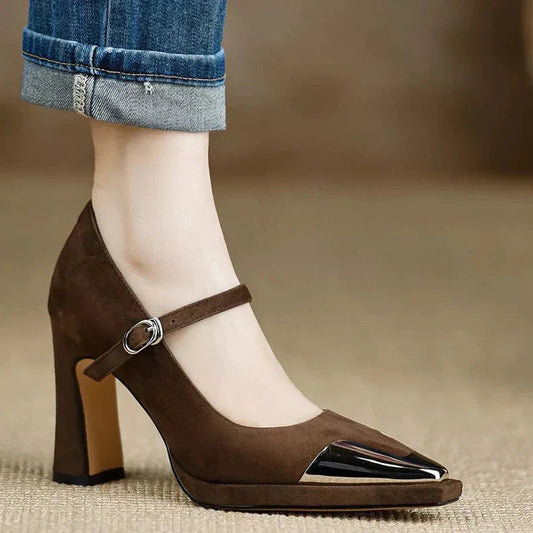 Serena | Women's Mary Jane High Heel Pumps Cap Toe Block Heel Strap 0