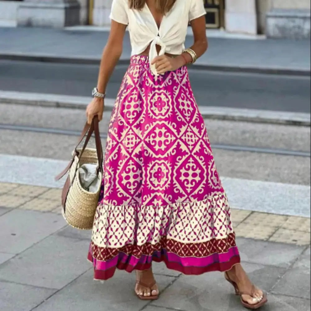 Seville | Women's Boho Maxi Skirt High Waist Floral Print Ruffle 0