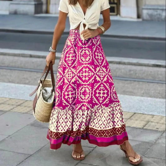 Women's Lightweight Floral Print Maxi Skirt | Elegant High-Waist Ruffle Summer A-Line Skirt 1