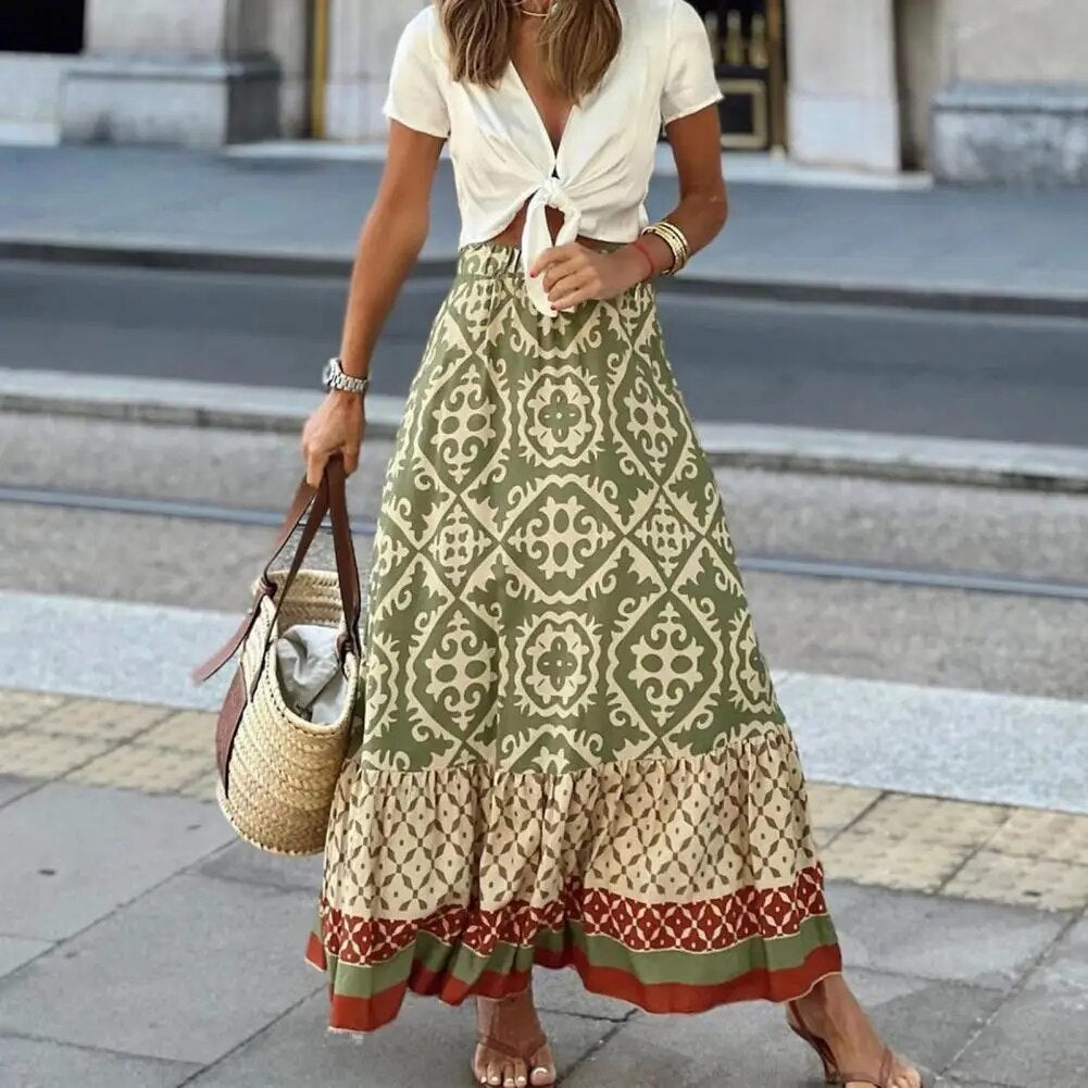 Seville | Women's Boho Maxi Skirt High Waist Floral Print Ruffle 2