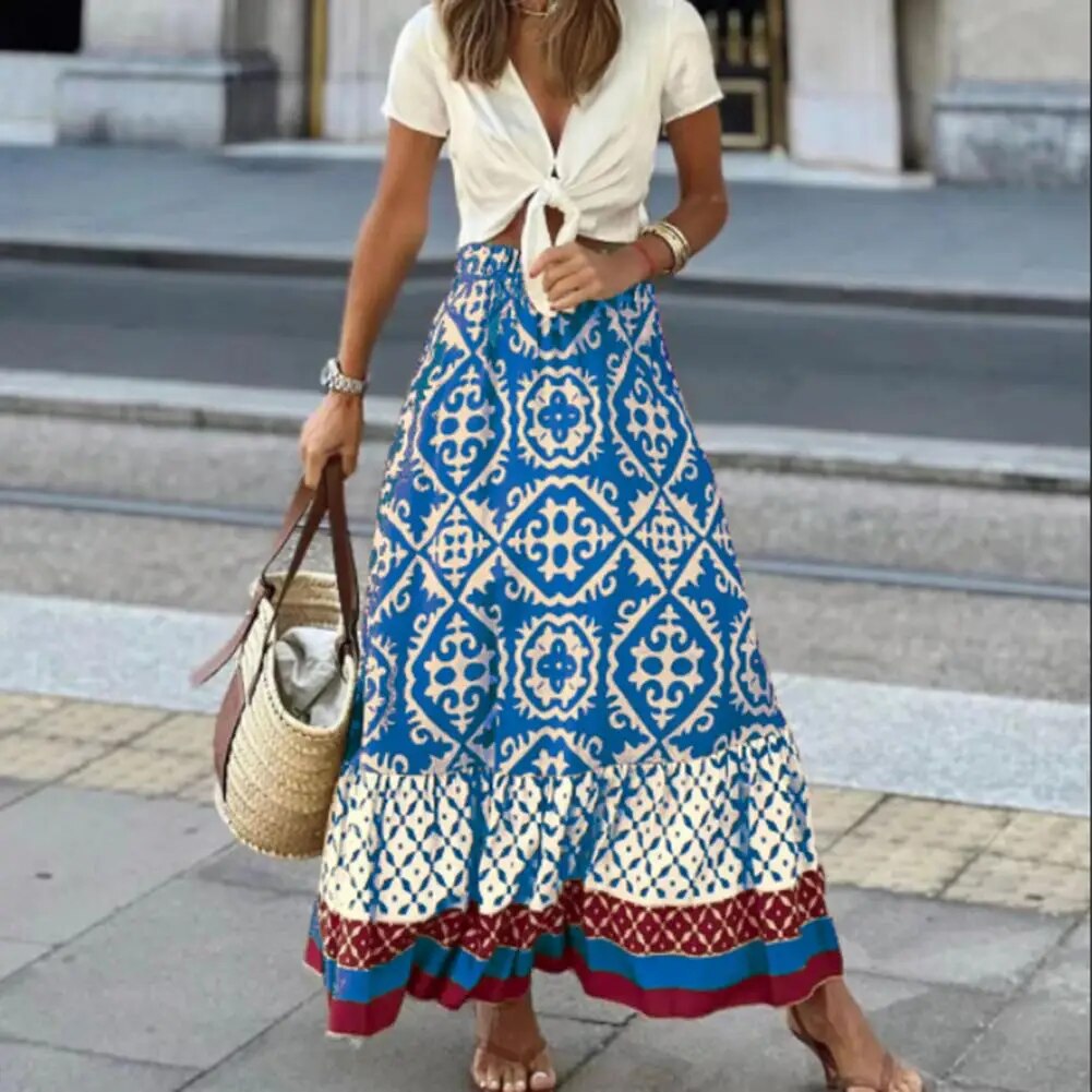 Seville | Women's Boho Maxi Skirt High Waist Floral Print Ruffle 3