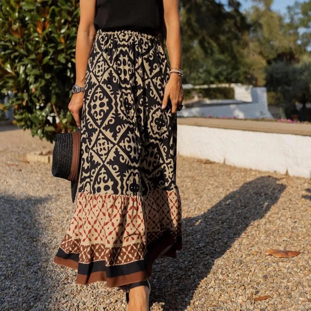 Seville | Women's Boho Maxi Skirt High Waist Floral Print Ruffle 4
