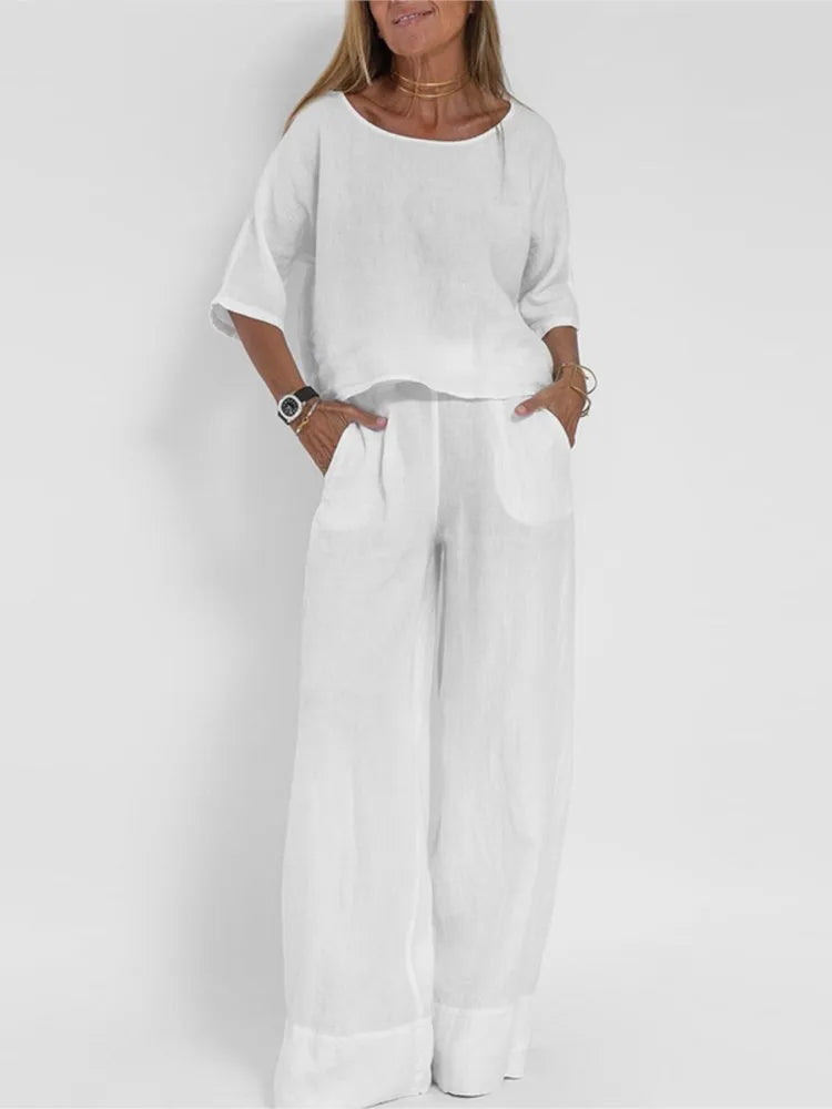 Two-Piece Women's Cotton Linen Sleeveless Top Short Sleeve Wide Leg Casual Pants