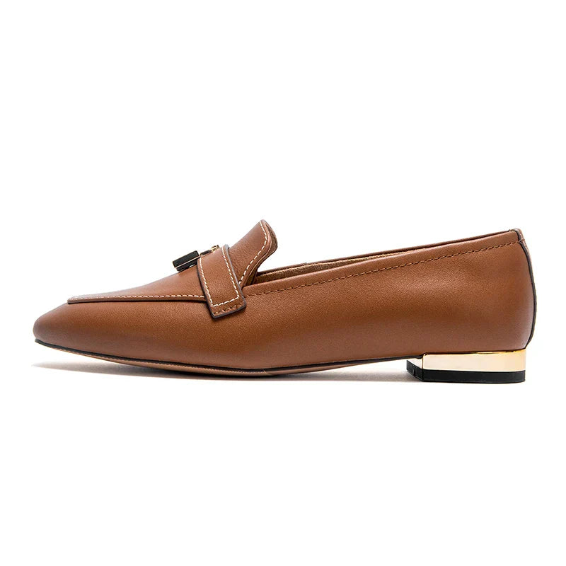 Women's Leather Ballet Flats with Gold Closure Detail, Round Toe, Low Heel, Casual Office