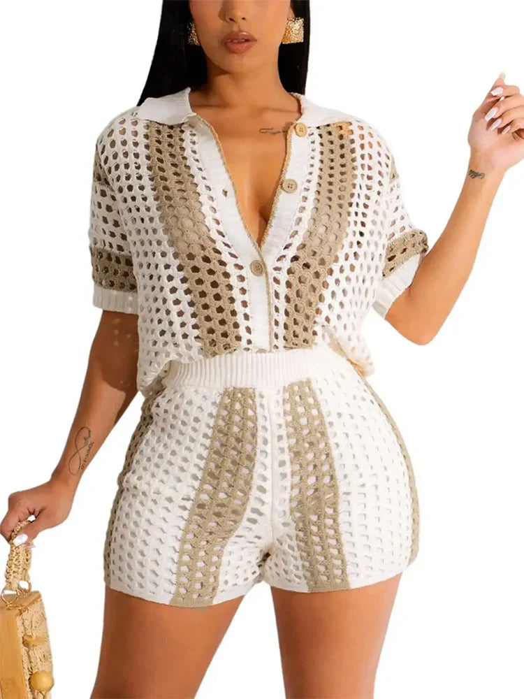 Complete Women's 2-Piece Crochet Cardigan with Buttons and Cover-Up Pants